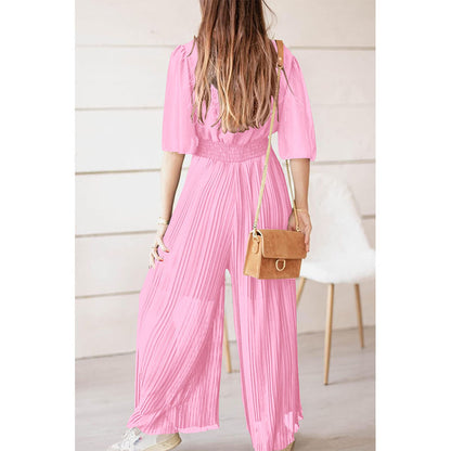 Women Jumpsuit Wrap V Neck Ruffle Sleeve Flowy Casual Wide Leg Pants Elegant Chic S-2XL