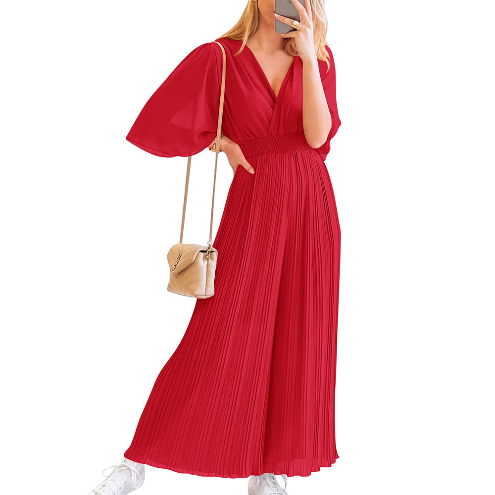 Women Jumpsuit Wrap V Neck Ruffle Sleeve Flowy Casual Wide Leg Pants Elegant Chic S-2XL