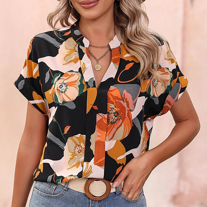 Women Tops Causal Summer New Fashion Painted Color Printed V Neck Short Sleeve S-XL