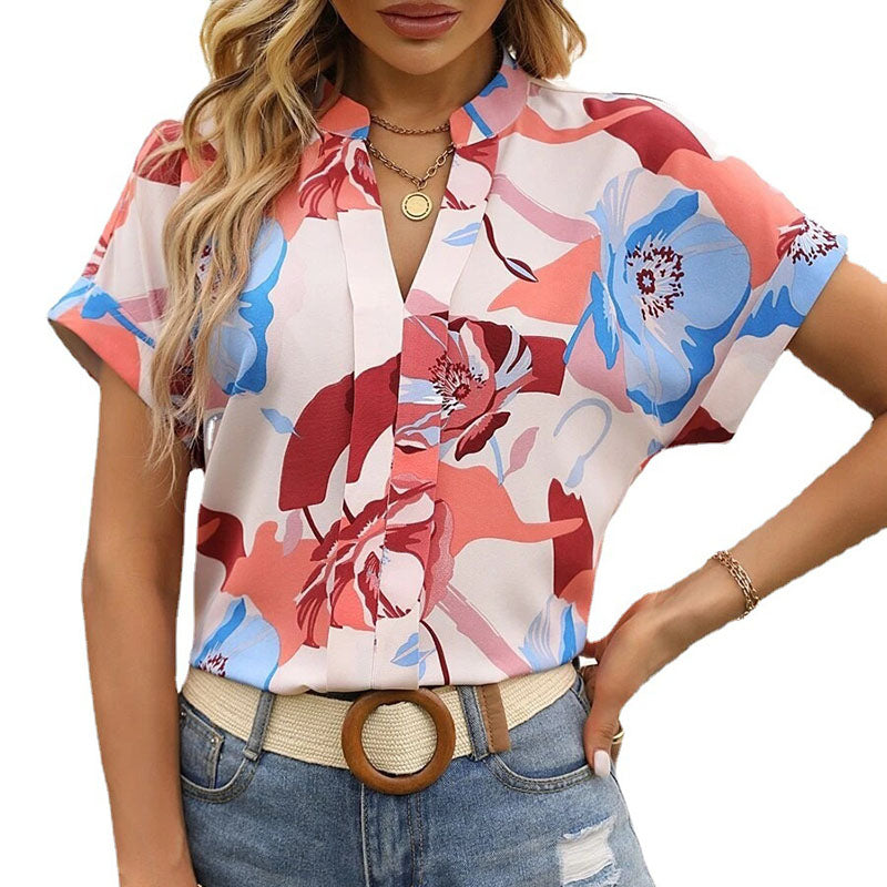 Women Tops Causal Summer New Fashion Painted Color Printed V Neck Short Sleeve S-XL