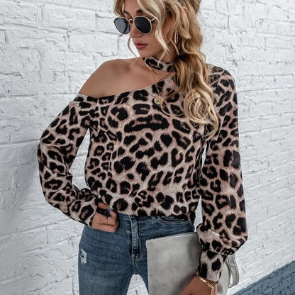 Women Tops Leopard Asymmetrical Neck Shirts Blouses Long Sleeve S-XL