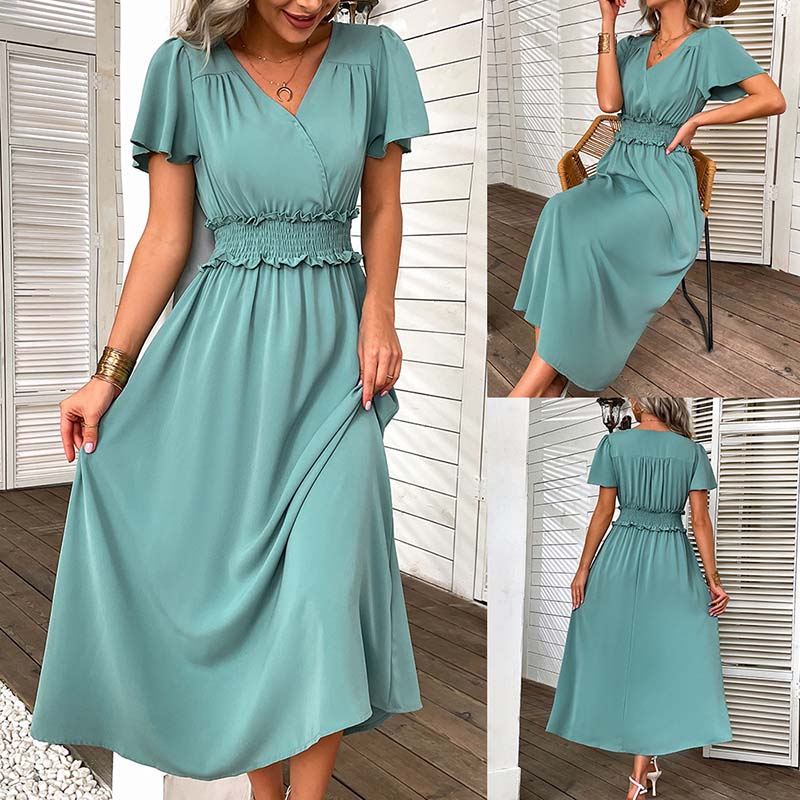 MilkCloths Women Dress Solid Color Casual Tunic Short Sleeve Vestidos Women'S Vintage Elegant Dresses S-XL