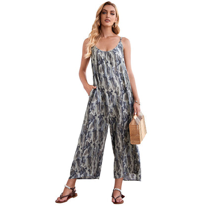 Women Jumpsuit V Neck Floral Loose Boho Printed Adjustable Spaghetti Strap for Summer S-2XL