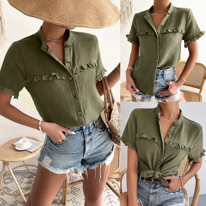 Women Shirt 2023 Summer Sexy Fashion Top Casual Vacation Solid Color S-2XL