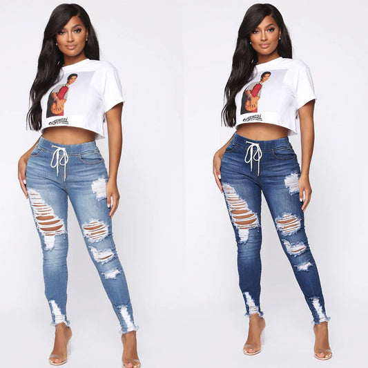 Milkcloths Women Jeans High Waist Cotton Denim Ripped Skinny Drawstring Lacing High Waist S-2XL