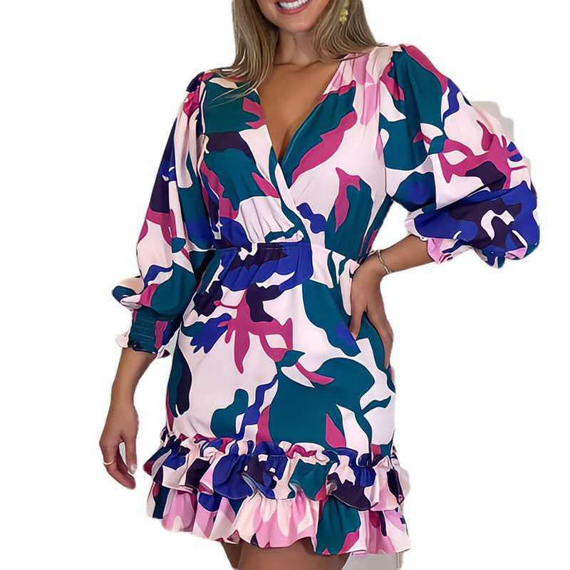 Women Short Dress V Neck Puff Sleeves Ruffled Print Wrap Casual Vestidos S-XL