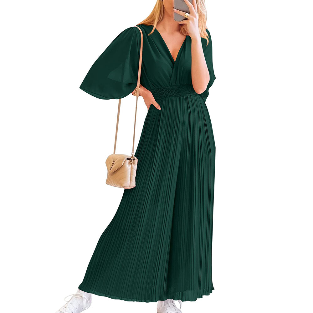 Women Jumpsuit Wrap V Neck Ruffle Sleeve Flowy Casual Wide Leg Pants Elegant Chic S-2XL