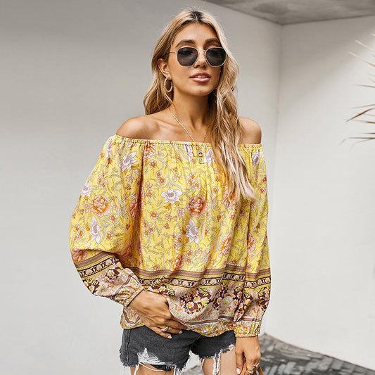 Women Tops Simple Loose Long Sleeve Retro Printed Floral Blouse For Women S-2XL