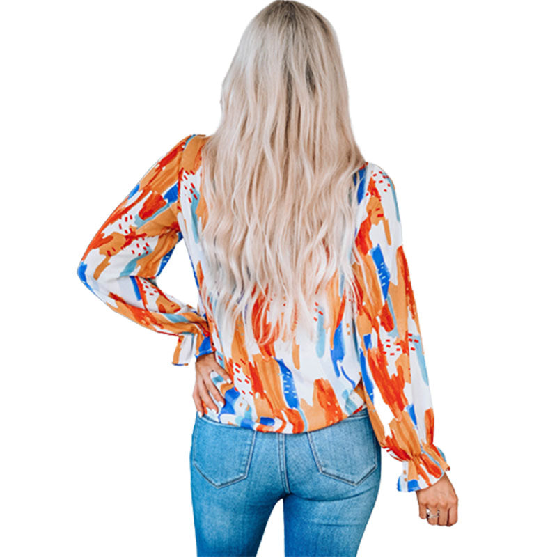 Women Tops  Painted Long Sleeve Lantern Sleeve  Satin Top Chiffon Blouse S-2XL