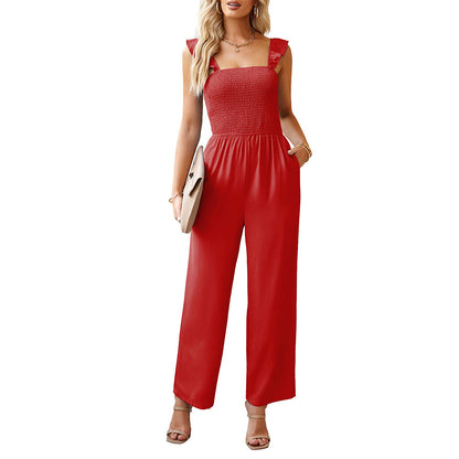 MilkCloths Jumpsuit for Women Summer Boho  Spaghetti Straps Ruffle Sleeve Long Wide Leg Rompers Pockets Loose S-2XL