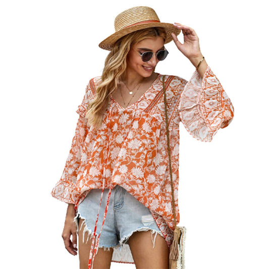 Milkcloths Summer Tops for Women New Boho Floral Print V Neck Plus Size Casual  Loose Chiffon Blouses