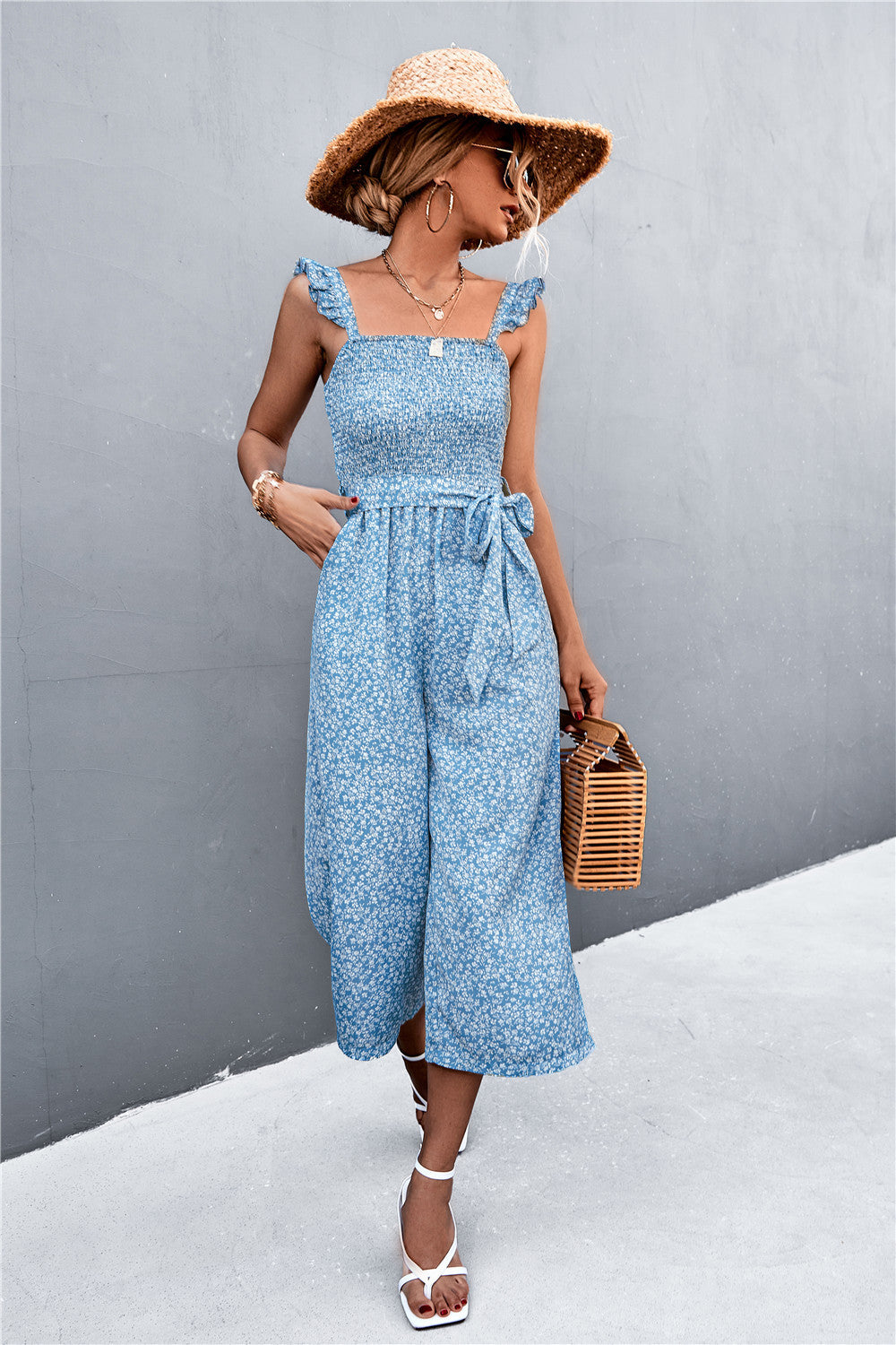 Women Rompers Jumpsuit Floral Printed Sleeveless with Belt S-XL