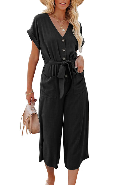 MilkCloths Jumpsuits for Women Loose Short sleeve casual v neck  with belt S-2XL