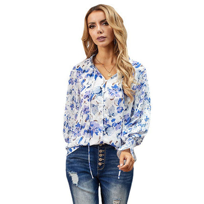 Women's Tops Blouses Casual Boho Floral Print V Neck Long Sleeve Loose Chiffon S-2XL