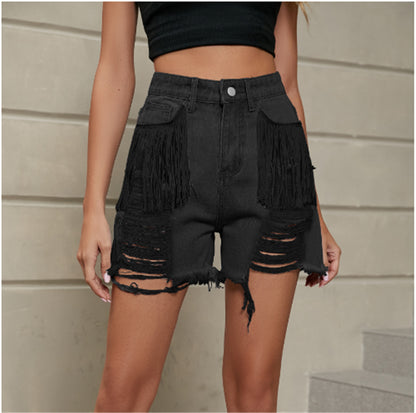 Women Jeans Short Pants Street Wear Big pocket  Hit Color Stitching Straps Elastic Sexy S-2XL