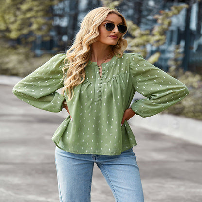 MilkCloths Summer  Blouses for WomenPolka Dot Print Button Down Loose Long Sleeve Chiffon Tops S-XL