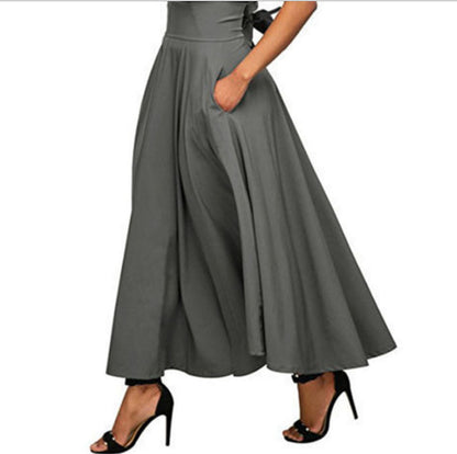 Women Skirt High Waist Flared Pleated Long Skirts Elegant Fashion Gypsy Pockets Long Skirt S-2XL