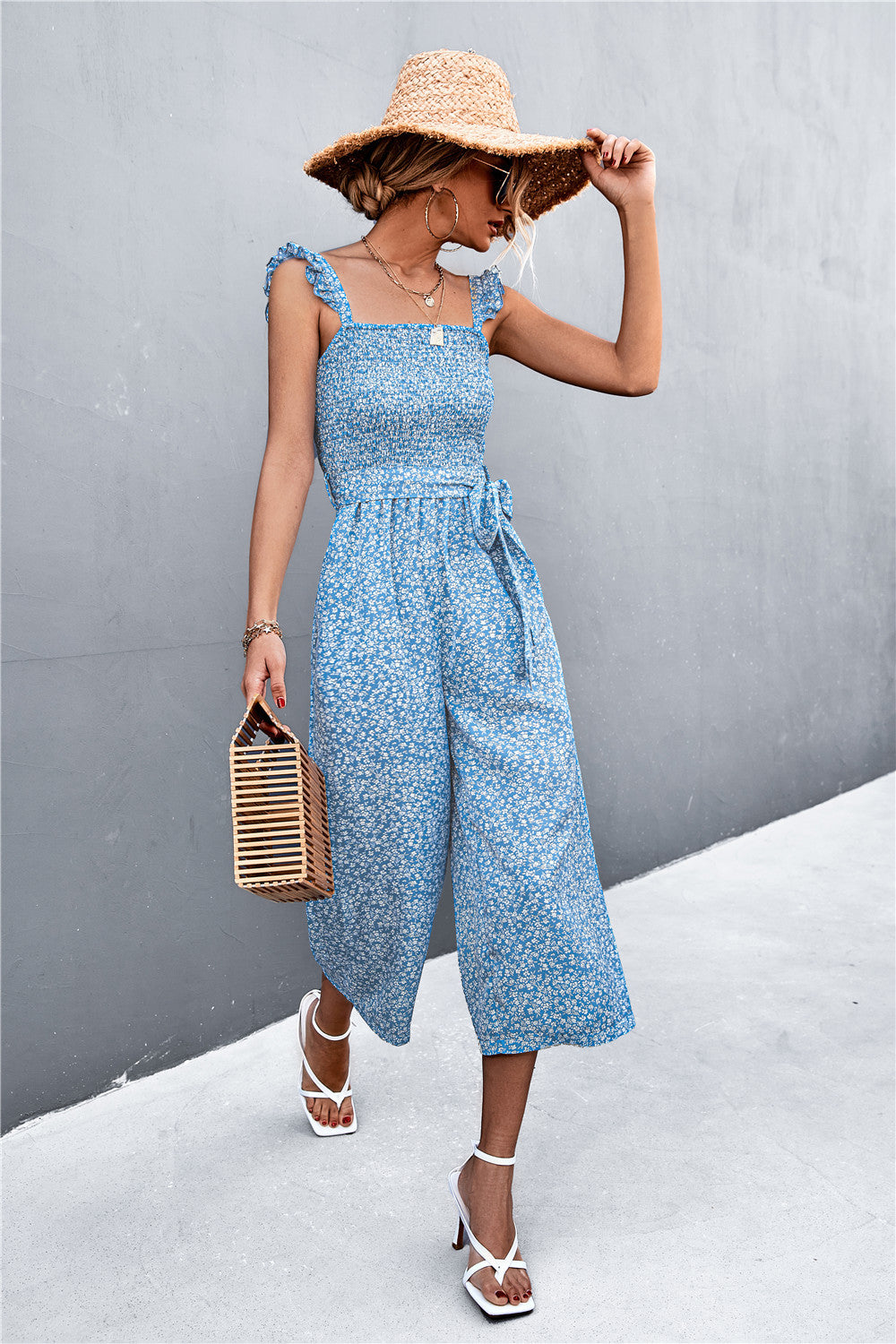 Women Rompers Jumpsuit Floral Printed Sleeveless with Belt S-XL