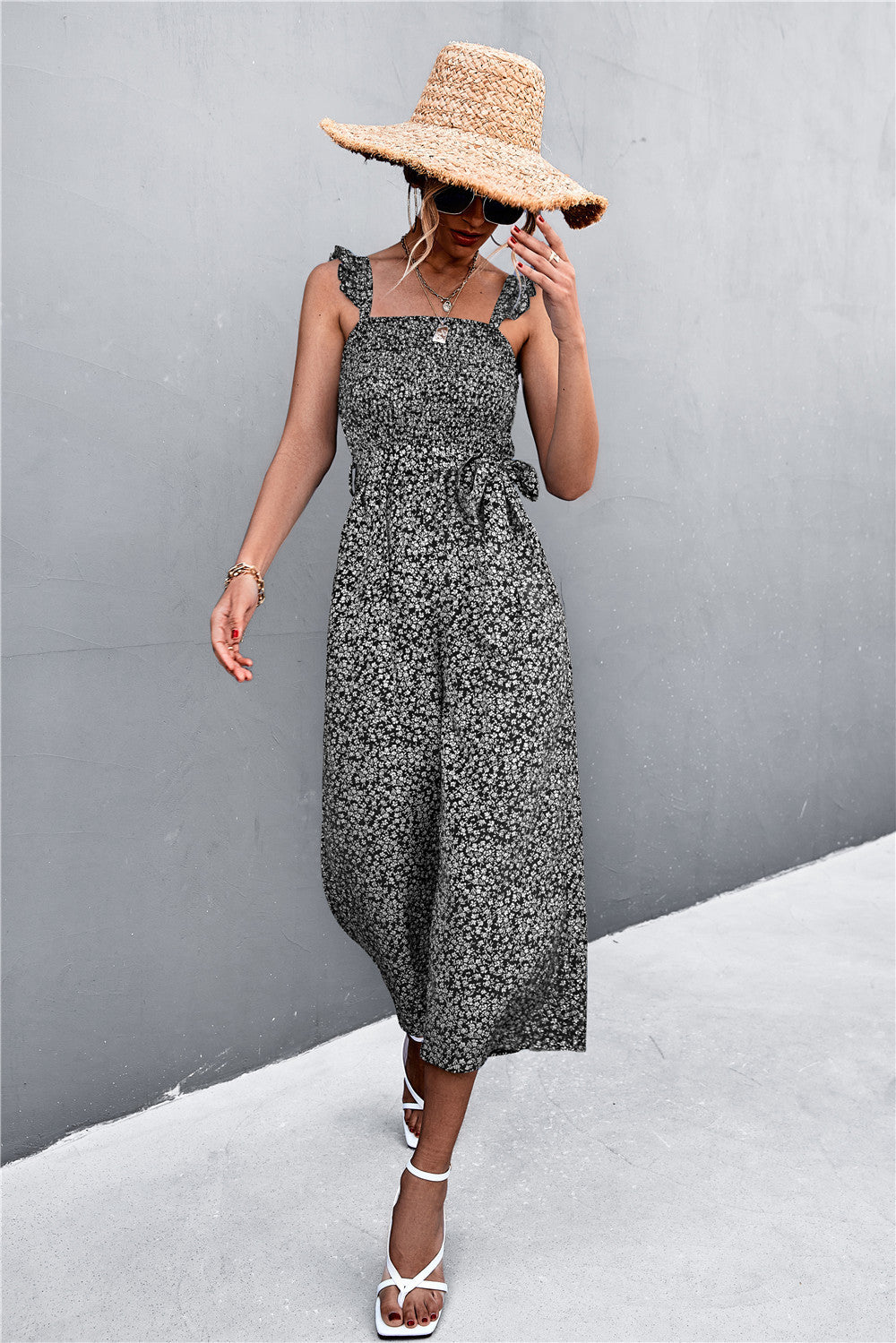 Women Rompers Jumpsuit Floral Printed Sleeveless with Belt S-XL