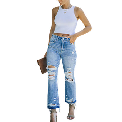 Women Jeans Washed Ripped High Waist Loose Straight Denim Jeans S-2XL