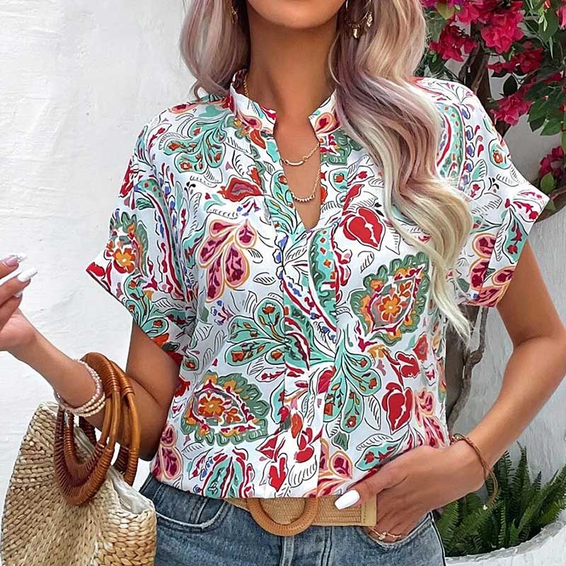 Women Tops Causal Summer New Fashion Painted Color Printed V Neck Short Sleeve S-XL