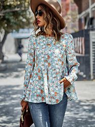 Women long sleeve V-Neck Loose Tops Chiffon Shirts Blouse Plus Size S-2XL