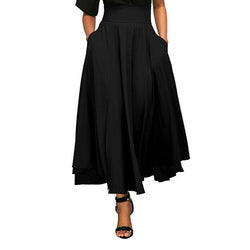 Women Skirt High Waist Flared Pleated Long Skirts Elegant Fashion Gypsy Pockets Long Skirt S-2XL