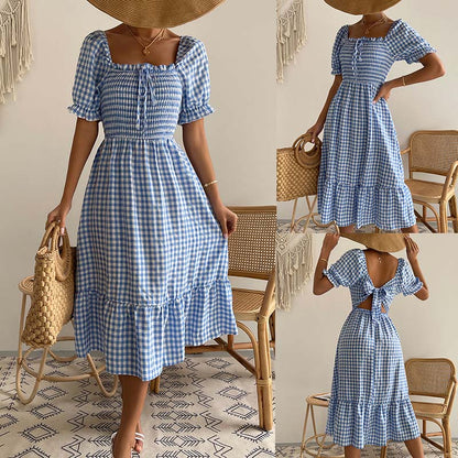 MilkCloths Summer Dress for Women Plaid Short Sleeve Square Neck Modest Women Elegant Dresses S-XL