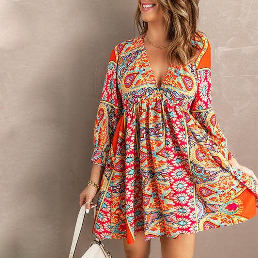 MilkCloths Women Dress for Summer Boho Backless V Neck Long Sleeve Tunic  Floral S-XL