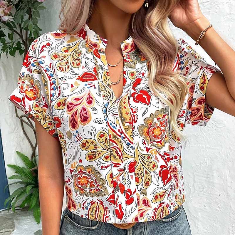 Women Tops Causal Summer New Fashion Painted Color Printed V Neck Short Sleeve S-XL