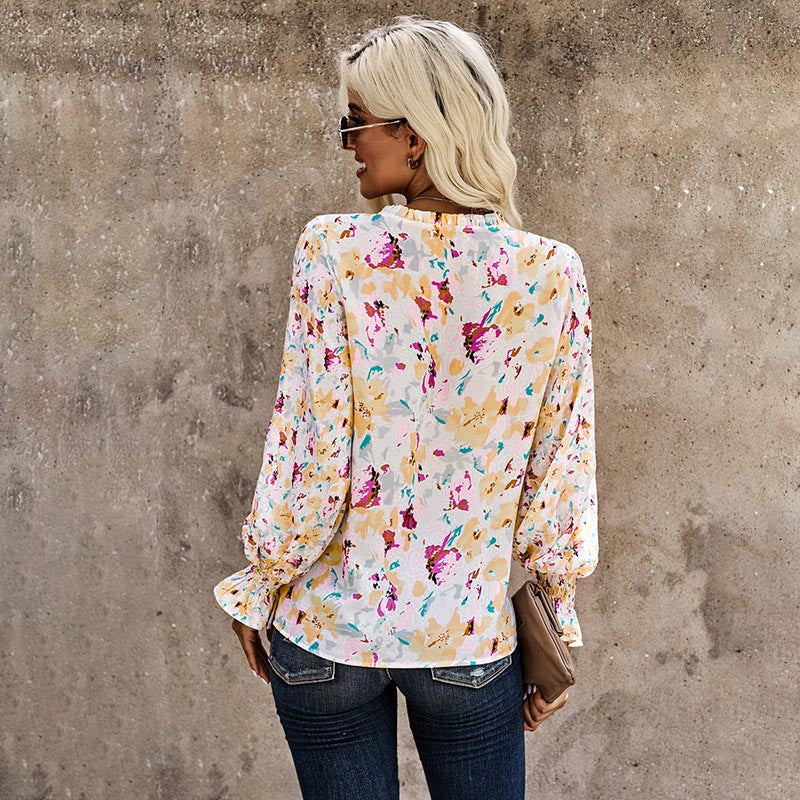 Women's Tops Blouses Casual Boho Floral Print V Neck Long Sleeve Loose Chiffon S-2XL