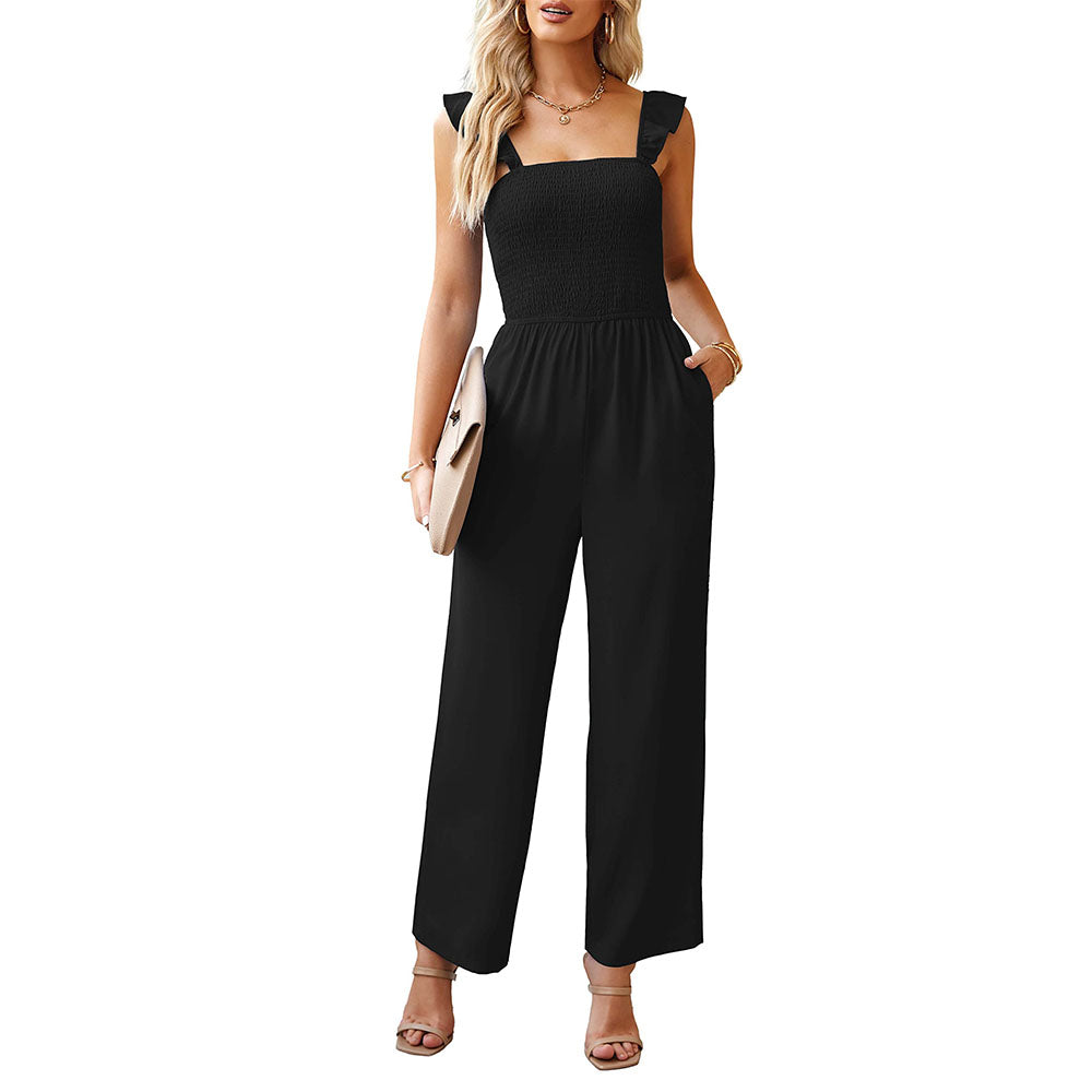 MilkCloths Jumpsuit for Women Summer Boho  Spaghetti Straps Ruffle Sleeve Long Wide Leg Rompers Pockets Loose S-2XL