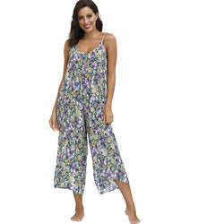 Women Jumpsuit V Neck Floral Loose Boho Printed Adjustable Spaghetti Strap for Summer S-2XL