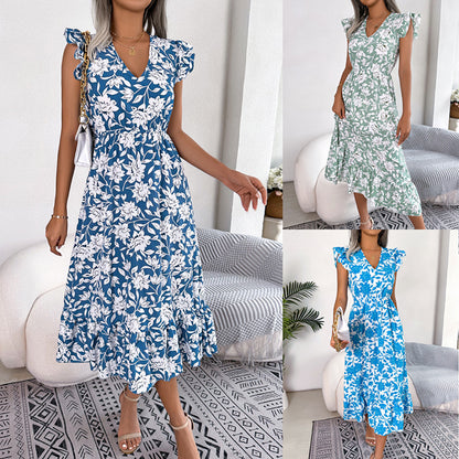 Milkcloths Women Elegant Summer Casual Dresses Floral Ruffle Trim Midi Dress S-XL