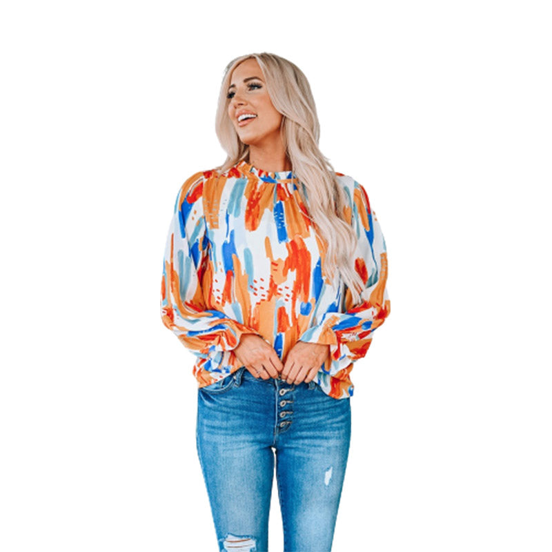 Women Tops  Painted Long Sleeve Lantern Sleeve  Satin Top Chiffon Blouse S-2XL