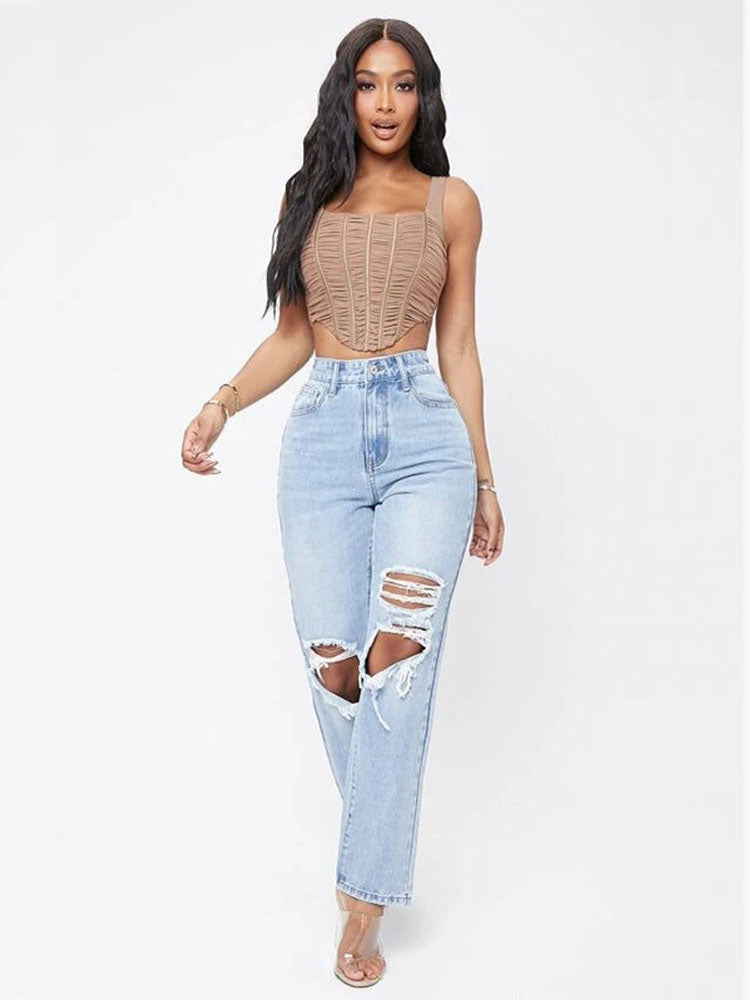 Milkcloths Women Jeans Casual High Waist Ripped Loose Straight Pants S-2XL