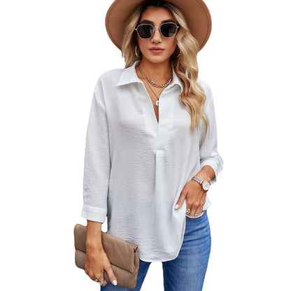 Women Tops V Neck Five Quarter Sleeves Loose  Solid Color Chiffon Shirts Blouses White S-2XL