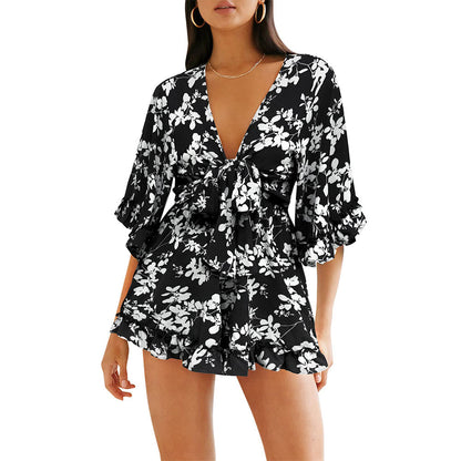 MilkCloths Jumpsuit for Women Leopard Floral Print Shorts Wrap V Neck 3/4 Sleeve Casual Loose Romper S-2XL