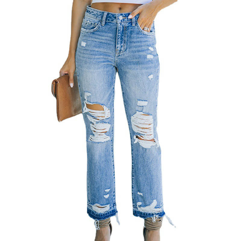 Women Jeans Washed Ripped High Waist Loose Straight Denim Jeans S-2XL