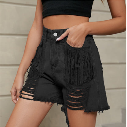 Women Jeans Short Pants Street Wear Big pocket  Hit Color Stitching Straps Elastic Sexy S-2XL