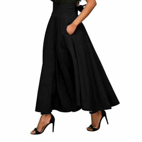 Women Skirt High Waist Flared Pleated Long Skirts Elegant Fashion Gypsy Pockets Long Skirt S-2XL