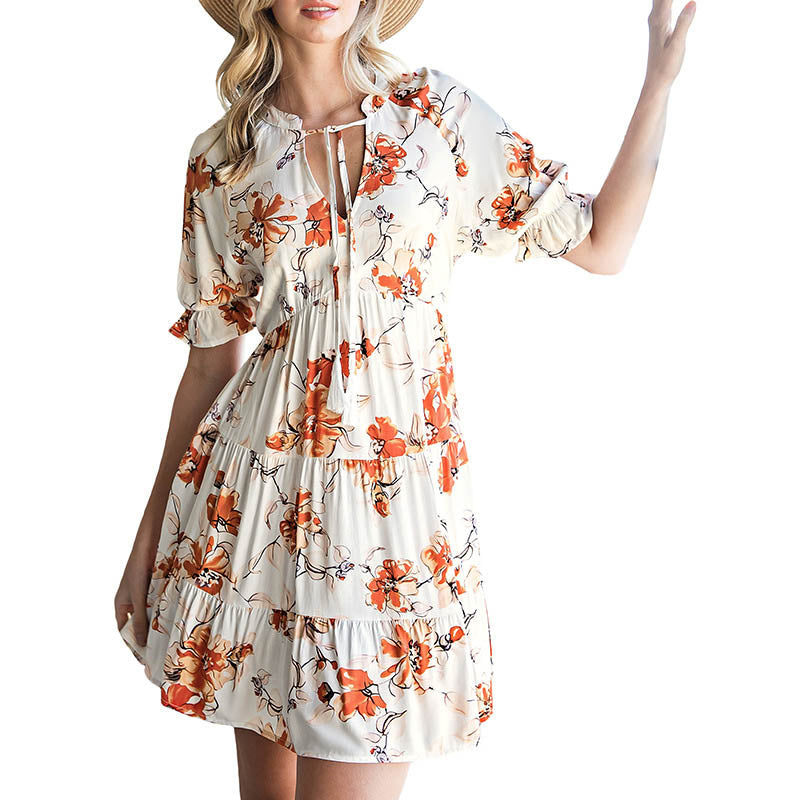 MilkCloths Women Dress Half Sleeve Ruffled Casual Print Vestidos Womens Elegant S-XL