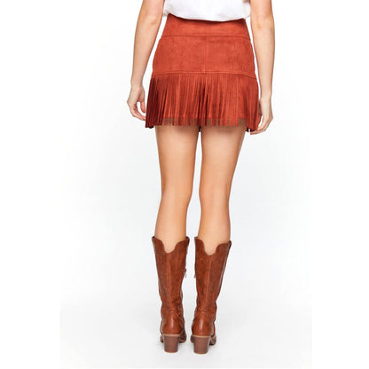 Women's Skirt Boho Fringe Hem Mini  Belted Faux Suede Fringe High Waist S-2XL