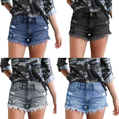 Women Jeans Short Pants Ripped Denim Summer Mid Rise Elastic Frayed Raw Edge S-2XL