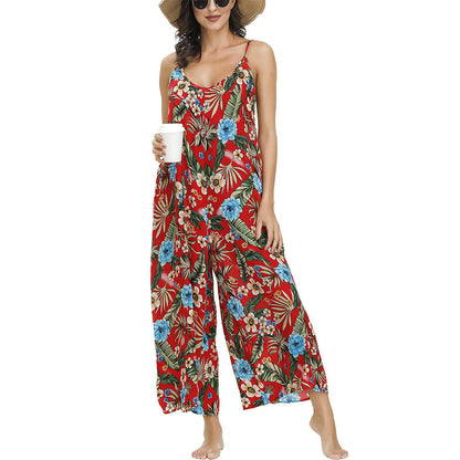 Women Jumpsuit V Neck Floral Loose Boho Printed Adjustable Spaghetti Strap for Summer S-2XL