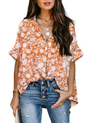 Women Tops Short Sleeve V-neck Floral Shirt for Summer S-2XL