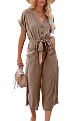 MilkCloths Jumpsuits for Women Loose Short sleeve casual v neck  with belt S-2XL