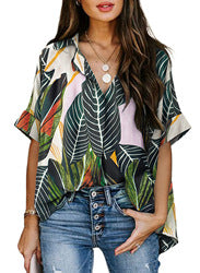 Women Tops Short Sleeve V-neck Floral Shirt for Summer S-2XL