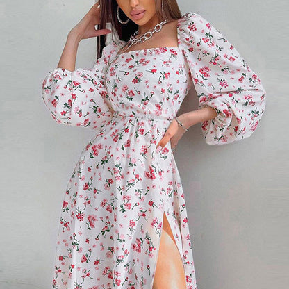 MilkCloths Summer Casual Dresses Printed Lantern Sleeve Floral Slit S-2XL