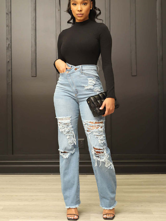 Women Pants  Leg Ripped Denim Jeans Stretch Washed High Waist Wide for Summer
